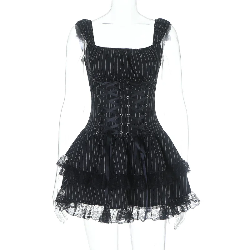Goth Dark Lolita Outfits Cyber Y2K Striped Bandage Mini Dresses Sweet Lace Stitch Hem Cake Dress Mall Gothic Straps Party Gown