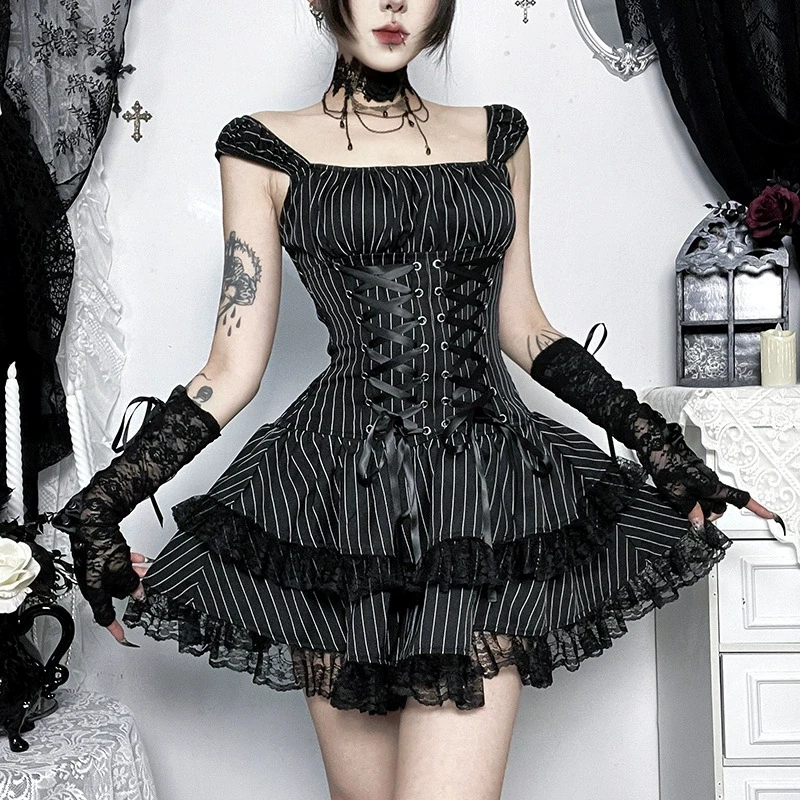 Goth Dark Lolita Outfits Cyber Y2K Striped Bandage Mini Dresses Sweet Lace Stitch Hem Cake Dress Mall Gothic Straps Party Gown