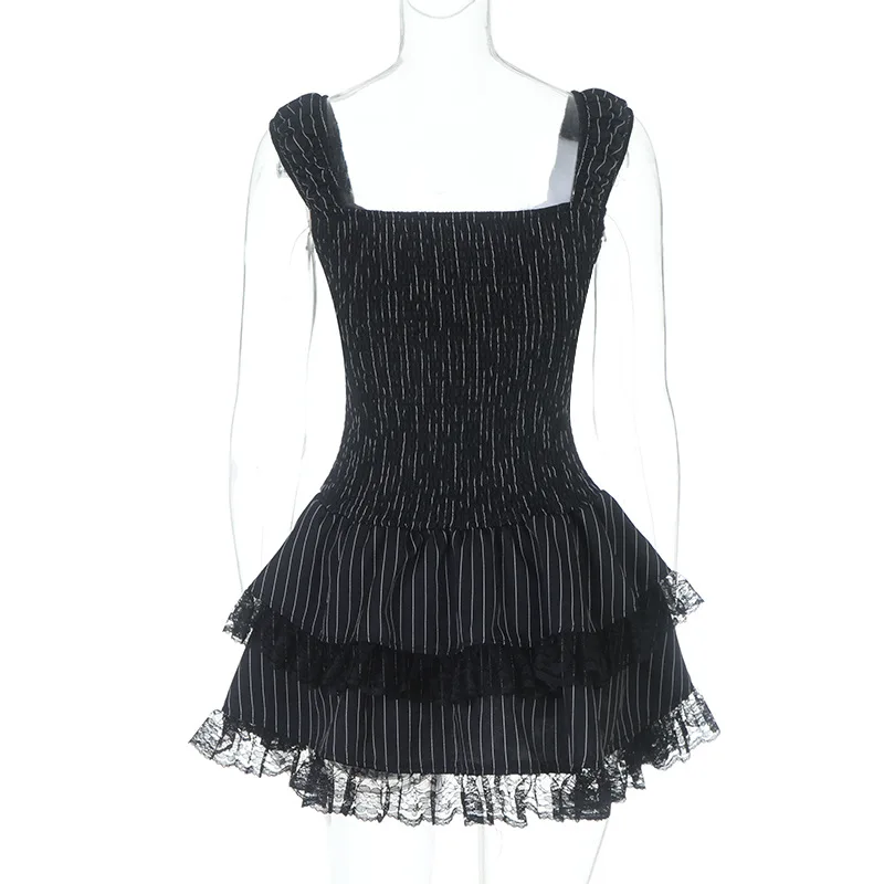 Goth Dark Lolita Outfits Cyber Y2K Striped Bandage Mini Dresses Sweet Lace Stitch Hem Cake Dress Mall Gothic Straps Party Gown