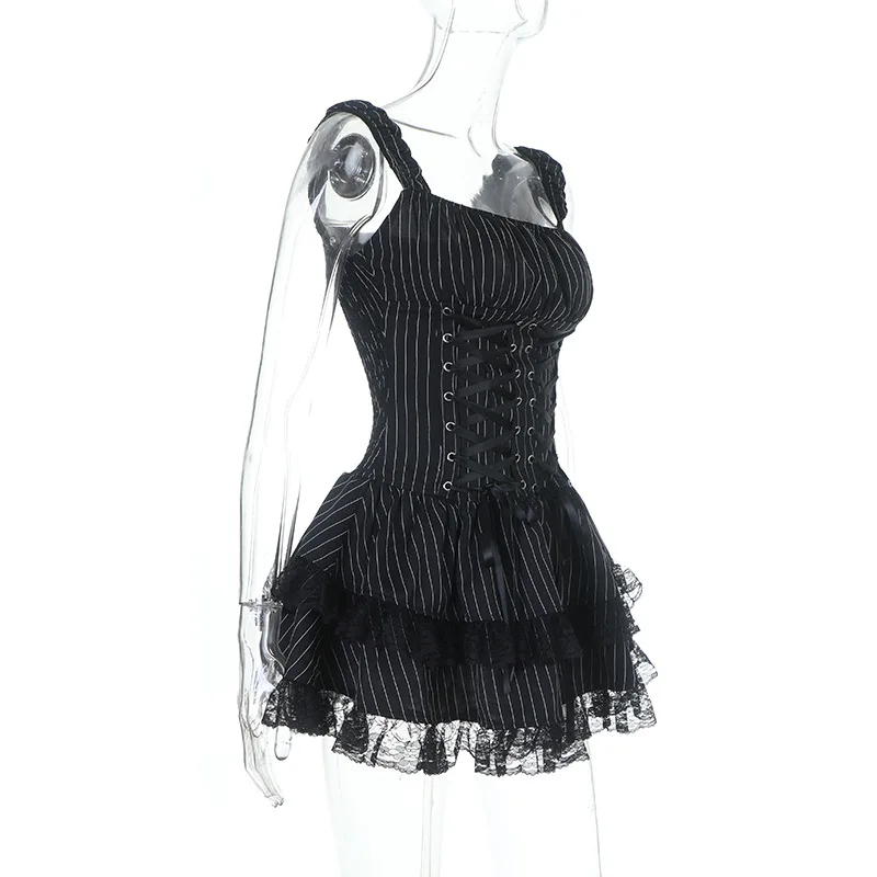 Goth Dark Lolita Outfits Cyber Y2K Striped Bandage Mini Dresses Sweet Lace Stitch Hem Cake Dress Mall Gothic Straps Party Gown