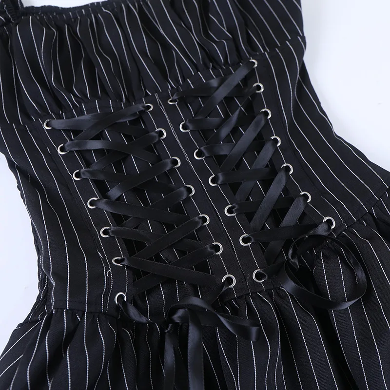 Goth Dark Lolita Outfits Cyber Y2K Striped Bandage Mini Dresses Sweet Lace Stitch Hem Cake Dress Mall Gothic Straps Party Gown