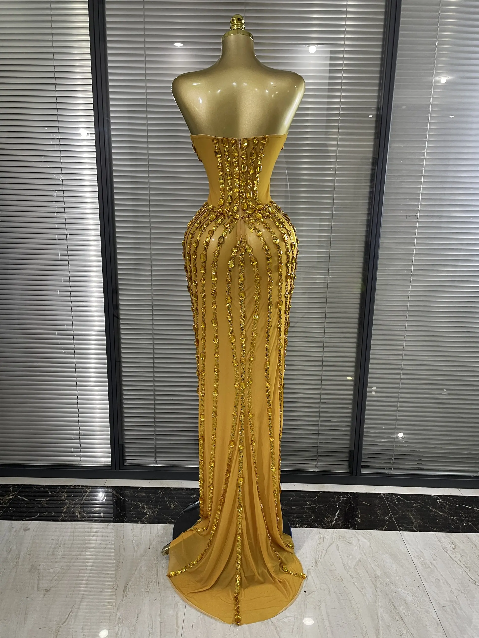 Sparkly Crystal Women Sexy Strapless Mesh See Through Long Maxi Bodycon Dress Elegant Evening Party Birthday Wedding Wear