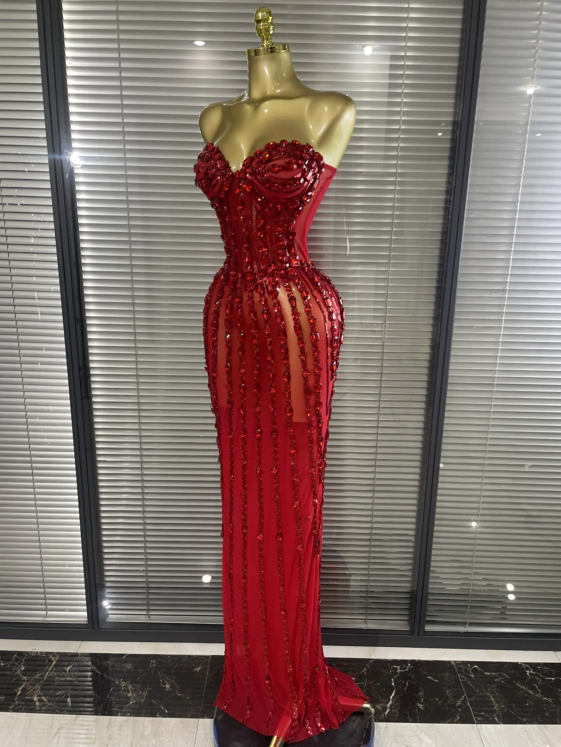 Sparkly Crystal Women Sexy Strapless Mesh See Through Long Maxi Bodycon Dress Elegant Evening Party Birthday Wedding Wear