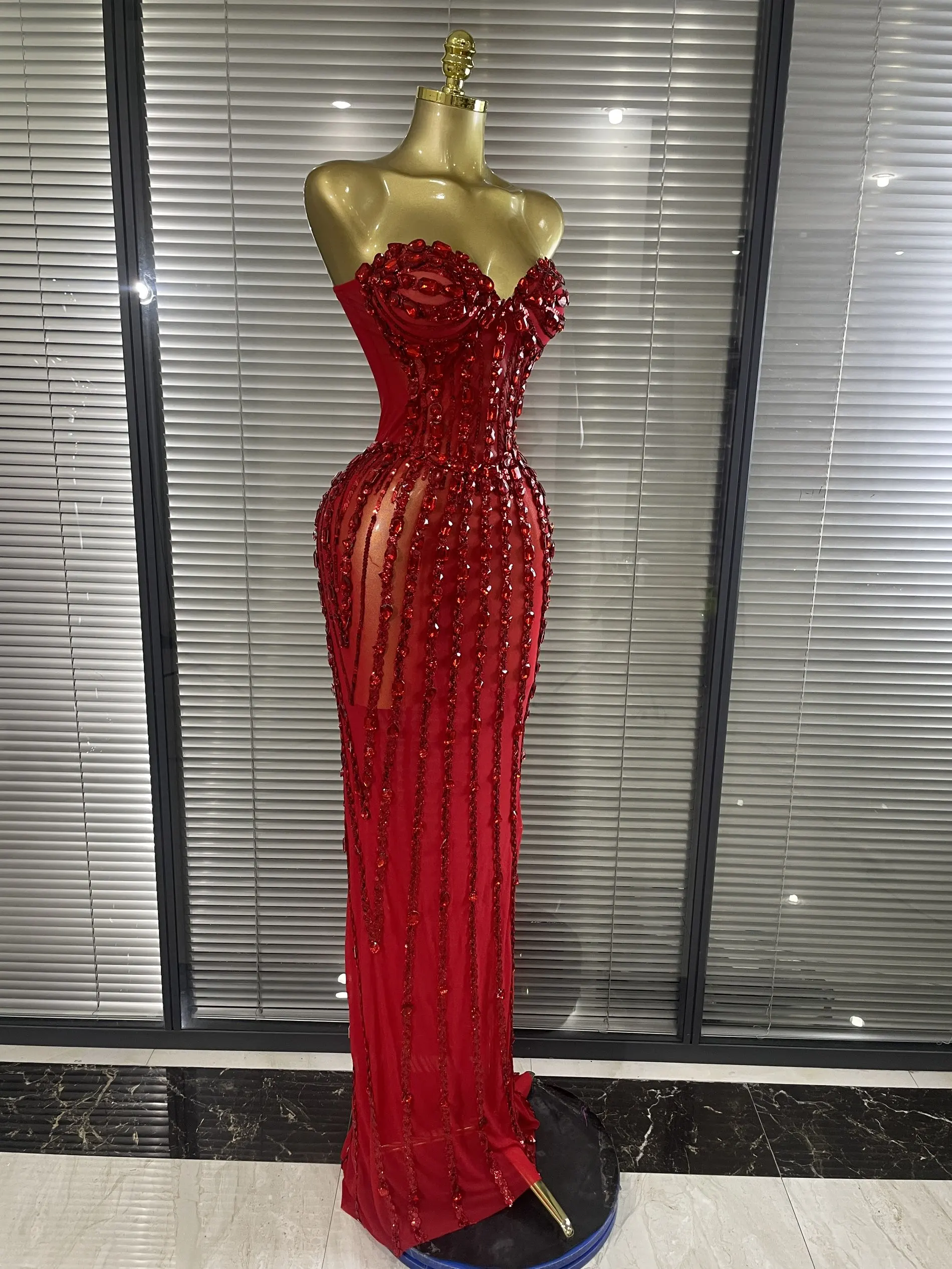 Sparkly Crystal Women Sexy Strapless Mesh See Through Long Maxi Bodycon Dress Elegant Evening Party Birthday Wedding Wear