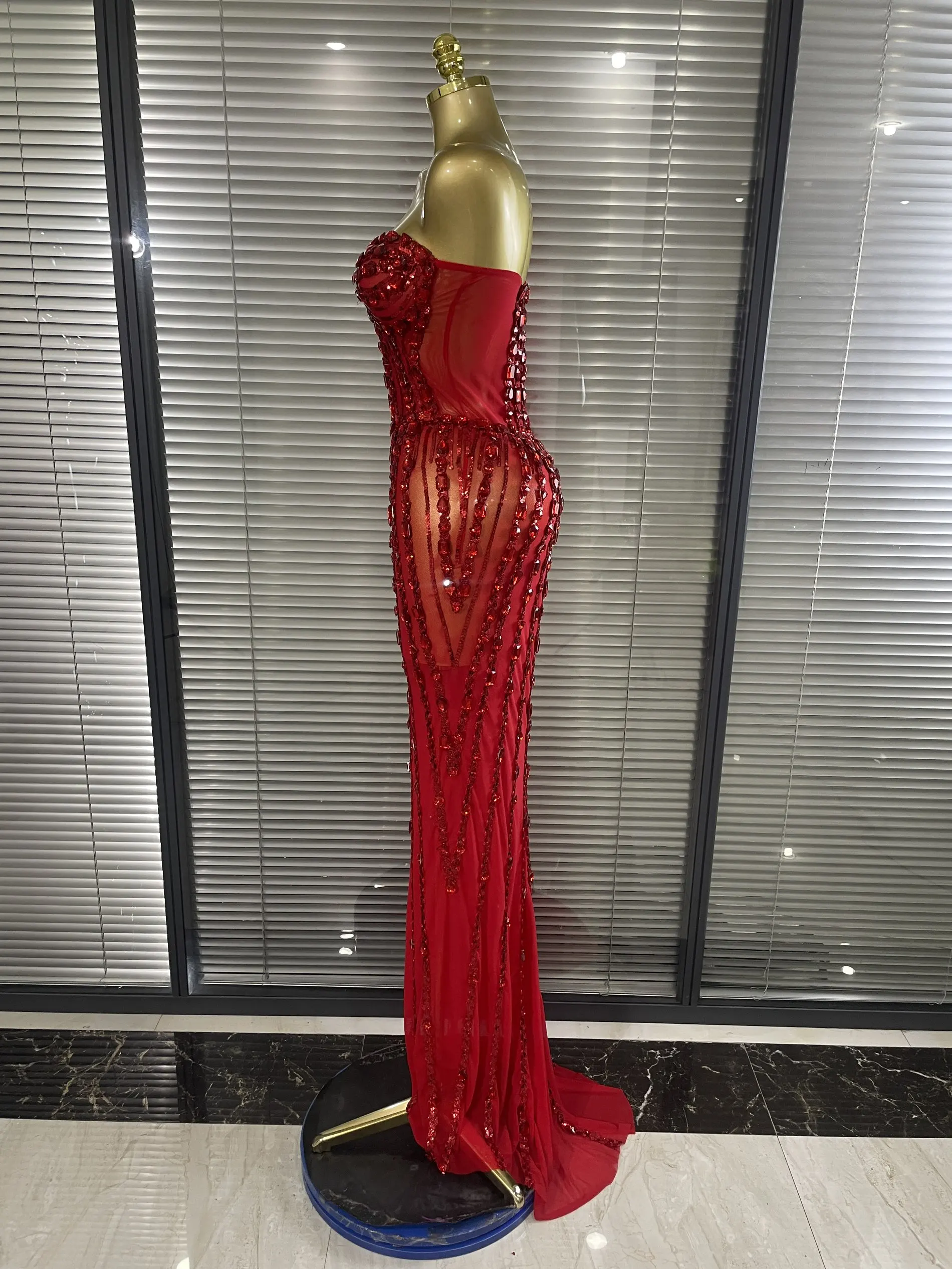 Sparkly Crystal Women Sexy Strapless Mesh See Through Long Maxi Bodycon Dress Elegant Evening Party Birthday Wedding Wear