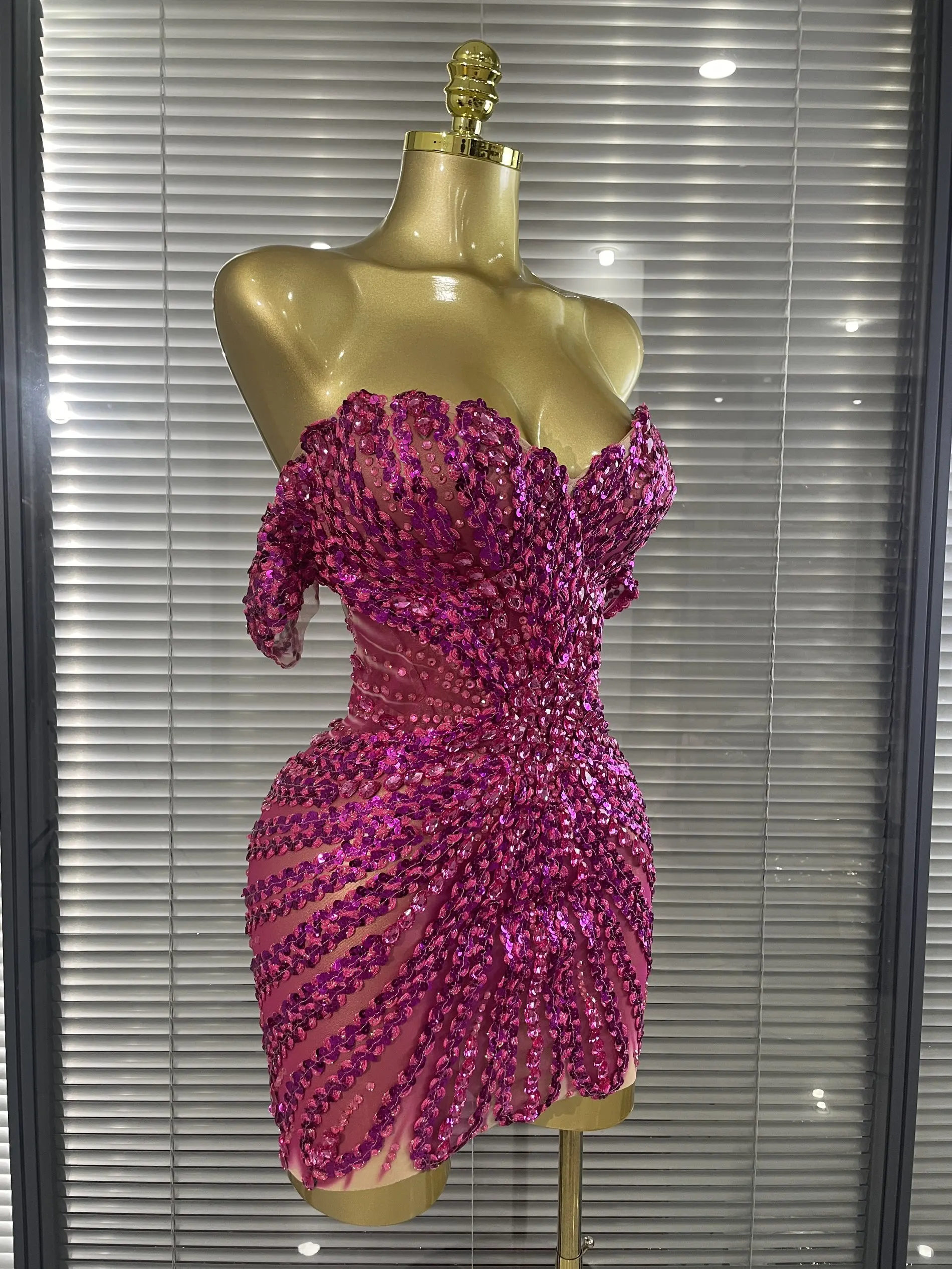 STOCK Women Sexy Strapless Shining Sequins Crystal Laced-up Bodycon Mini Dress Nightclub Party Celebrate Birthday Fashion Outfit