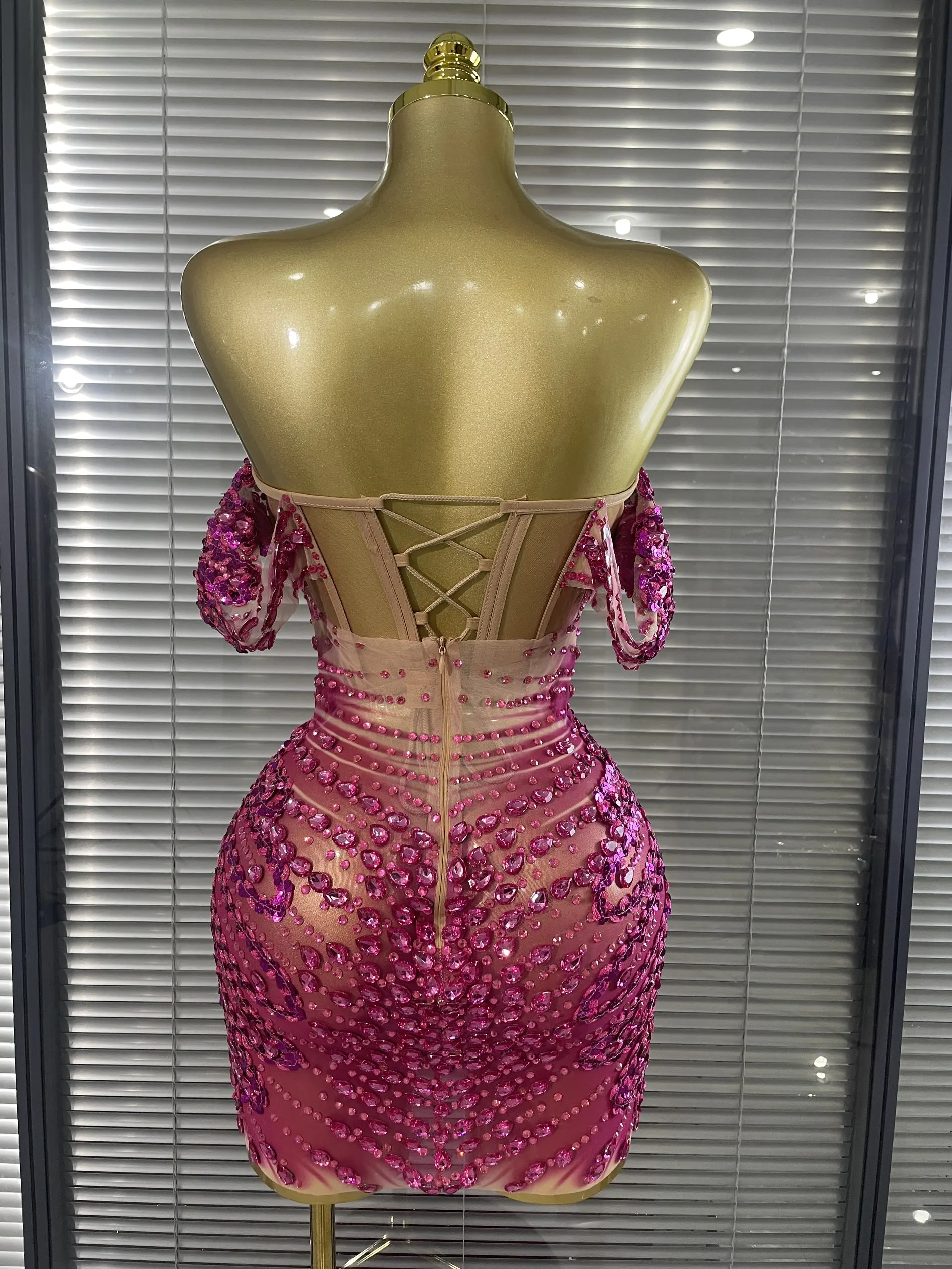 STOCK Women Sexy Strapless Shining Sequins Crystal Laced-up Bodycon Mini Dress Nightclub Party Celebrate Birthday Fashion Outfit