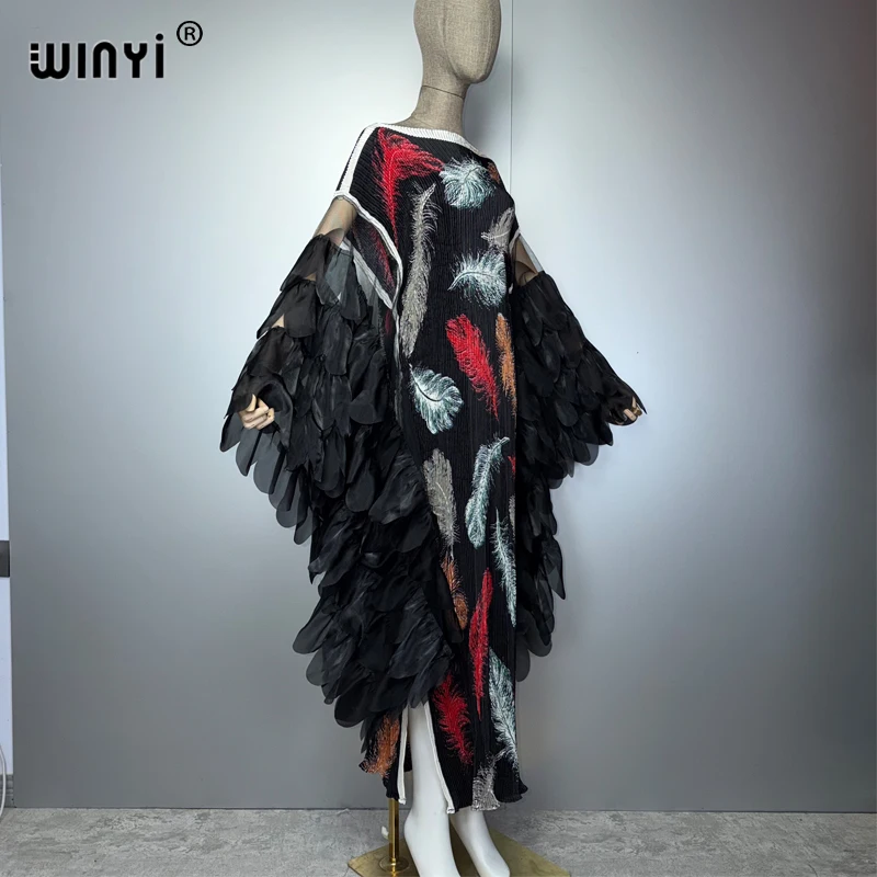 WINYI Elastic Slim Pleated Dress Beach Wear Fashion Kaftan Abaya Dubai Luxury Party Dress Long Down Muslim Woman Evening Dress