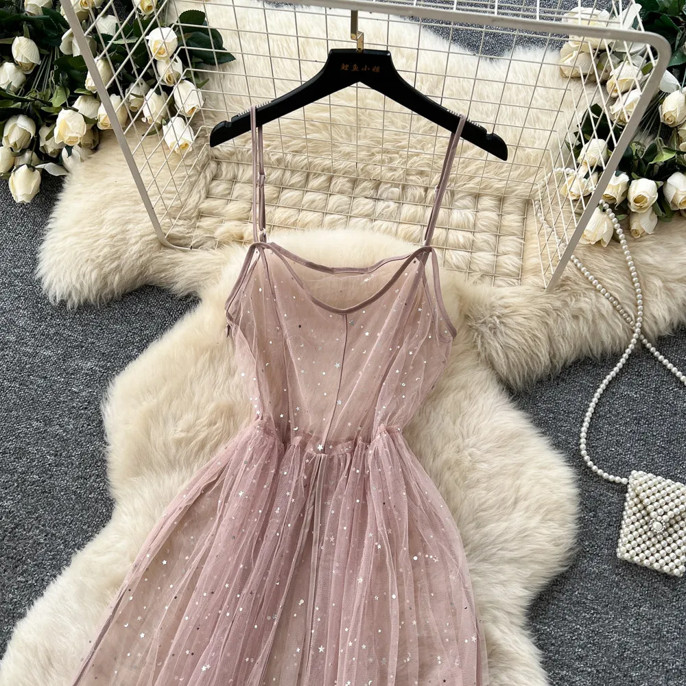 SINGREINY Ins Streetwear Sequined Long Dress Female Strap Shiny Split Outerwear Korean Style Dot Print Sheer Mesh Sundress