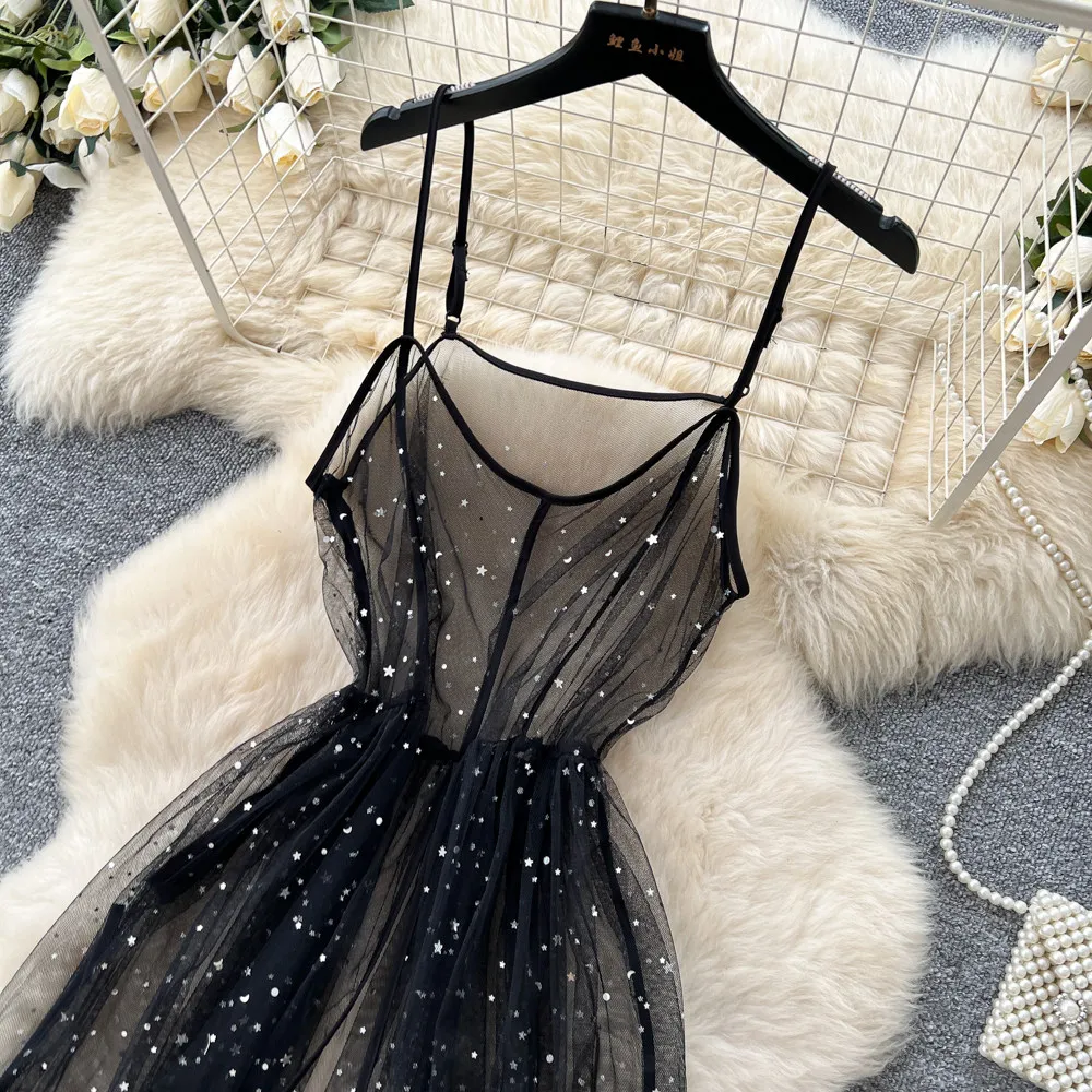 SINGREINY Ins Streetwear Sequined Long Dress Female Strap Shiny Split Outerwear Korean Style Dot Print Sheer Mesh Sundress