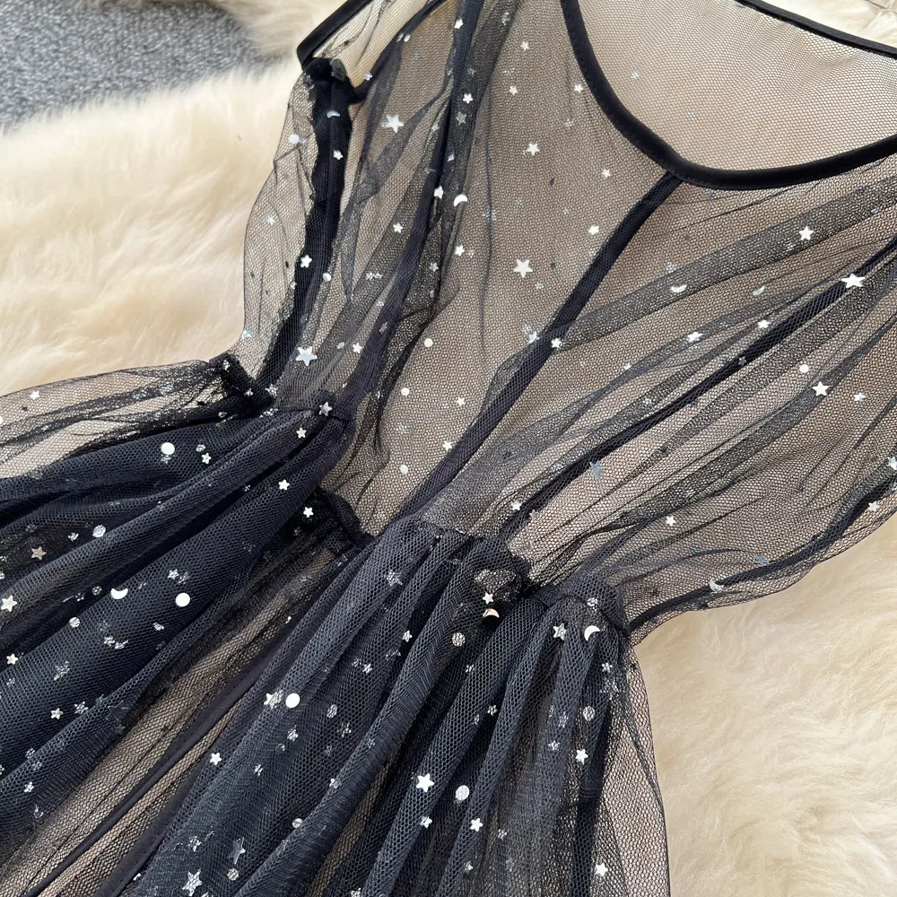 SINGREINY Ins Streetwear Sequined Long Dress Female Strap Shiny Split Outerwear Korean Style Dot Print Sheer Mesh Sundress