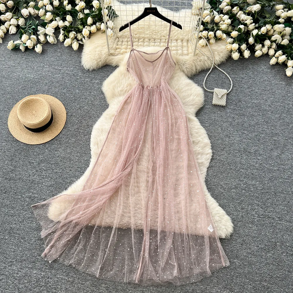 SINGREINY Ins Streetwear Sequined Long Dress Female Strap Shiny Split Outerwear Korean Style Dot Print Sheer Mesh Sundress