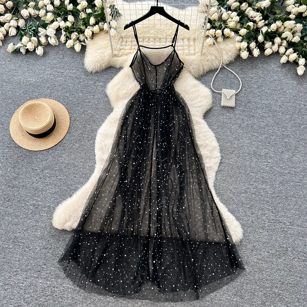 SINGREINY Ins Streetwear Sequined Long Dress Female Strap Shiny Split Outerwear Korean Style Dot Print Sheer Mesh Sundress