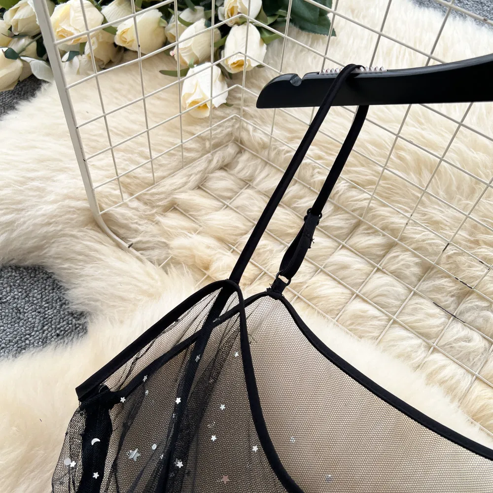 SINGREINY Ins Streetwear Sequined Long Dress Female Strap Shiny Split Outerwear Korean Style Dot Print Sheer Mesh Sundress