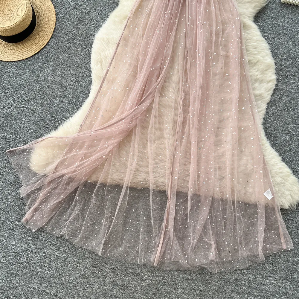 SINGREINY Ins Streetwear Sequined Long Dress Female Strap Shiny Split Outerwear Korean Style Dot Print Sheer Mesh Sundress