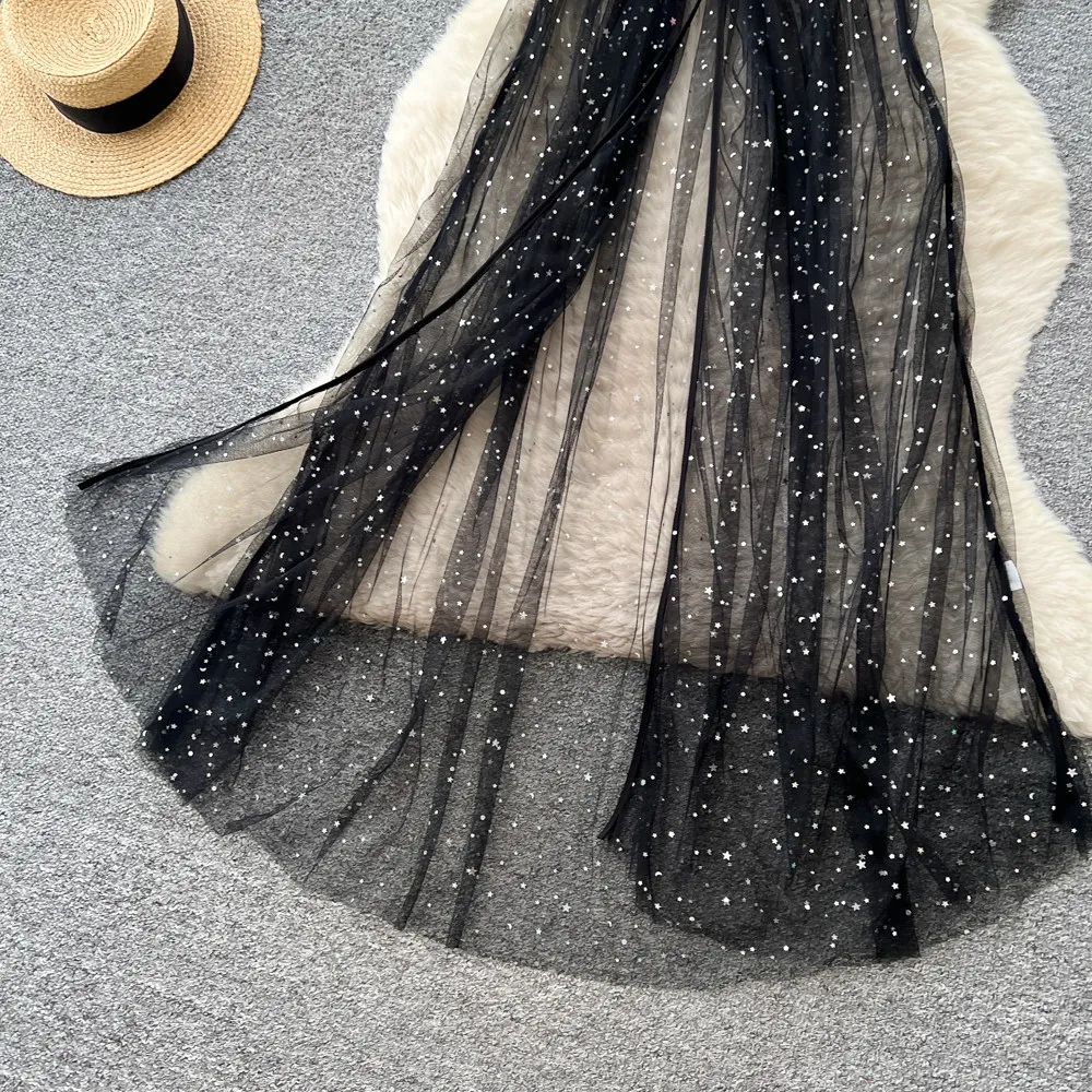 SINGREINY Ins Streetwear Sequined Long Dress Female Strap Shiny Split Outerwear Korean Style Dot Print Sheer Mesh Sundress