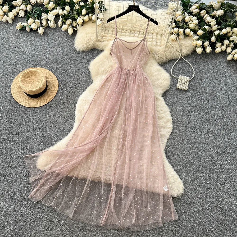 SINGREINY Ins Streetwear Sequined Long Dress Female Strap Shiny Split Outerwear Korean Style Dot Print Sheer Mesh Sundress