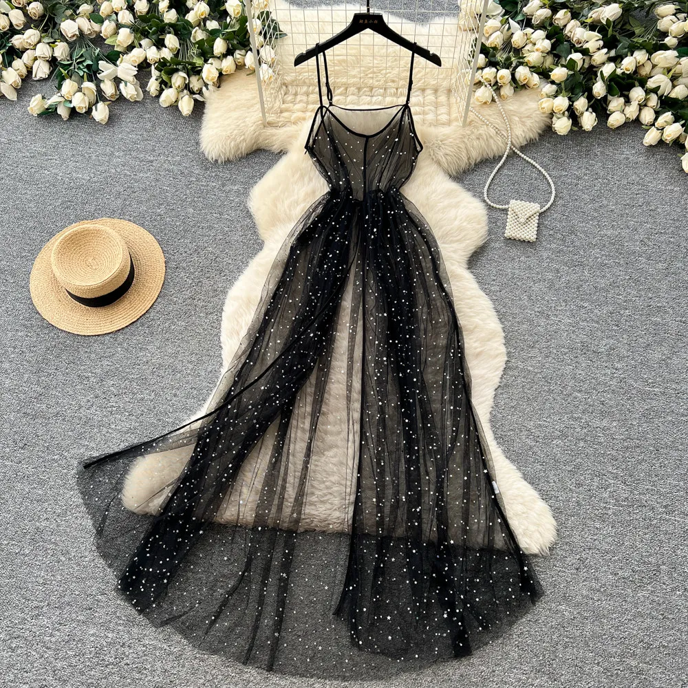 SINGREINY Ins Streetwear Sequined Long Dress Female Strap Shiny Split Outerwear Korean Style Dot Print Sheer Mesh Sundress