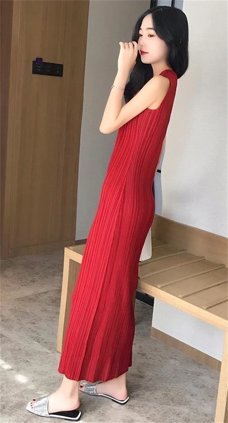 High-grade Women Solid Color Vestidos Lady Fashion Pleated Sleeveless Maxi Dress Summer Femme New Round Neck Vest Long Dresses