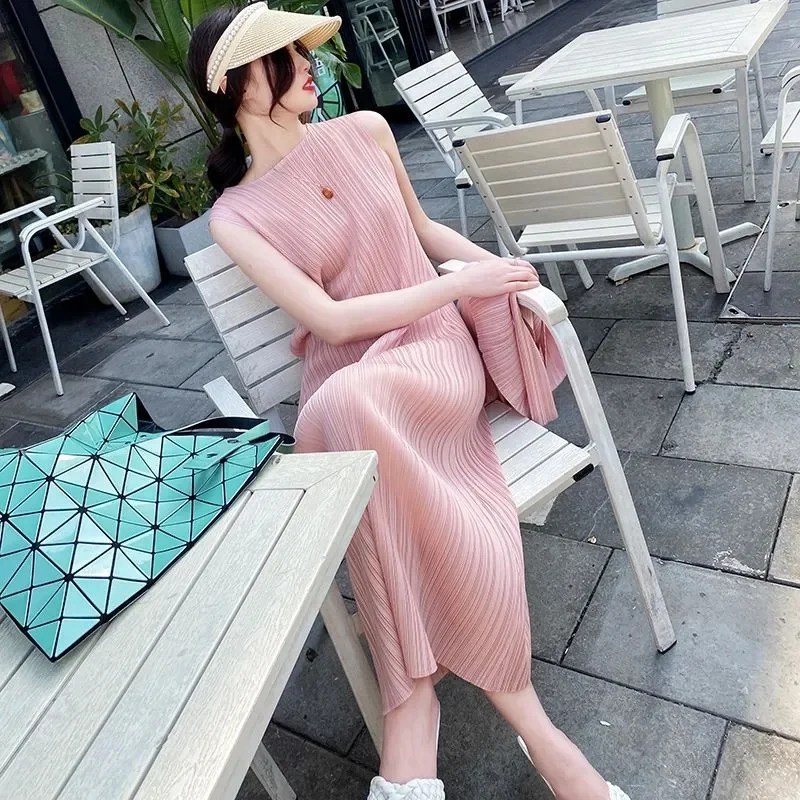 High-grade Women Solid Color Vestidos Lady Fashion Pleated Sleeveless Maxi Dress Summer Femme New Round Neck Vest Long Dresses