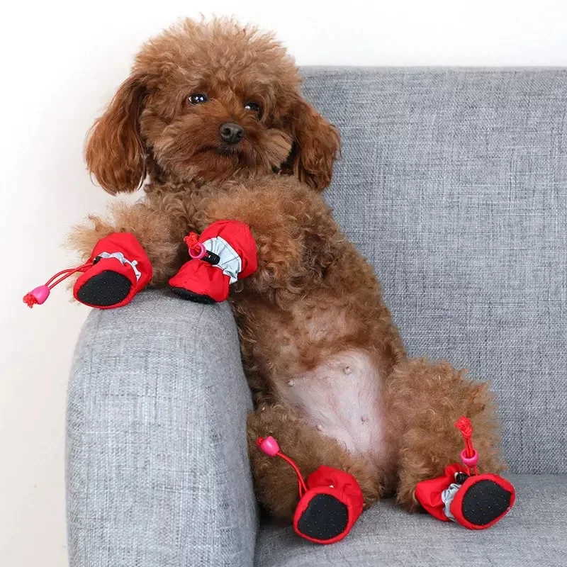 Pet Winter Shoes Cat & Dog Boots Paw Protectors, Fleece Warm Snow Booties for Puppy with Reflective Strip Anti-Slip Rubber