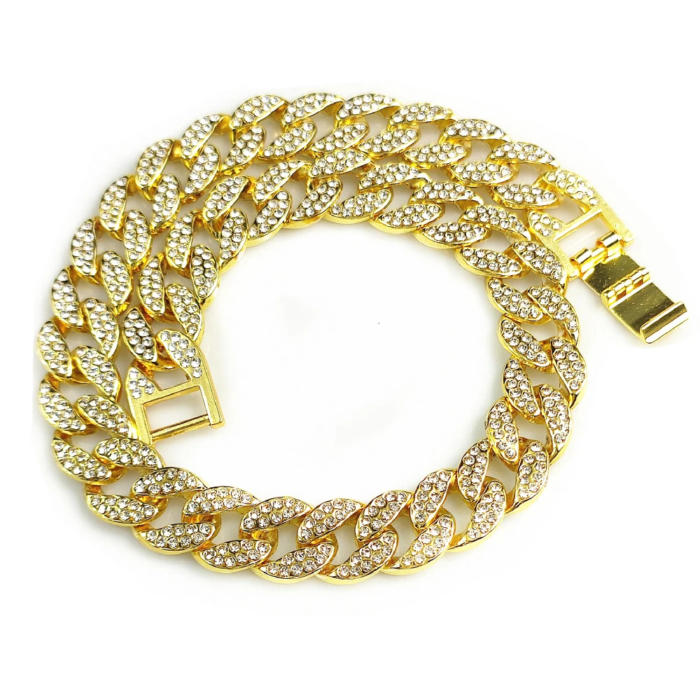 15mm Gold Dog Chain Collar Luxury Diamond Cuban Link Crystal Necklace Durable Dog Collar for Small Medium Large Dogs Cats
