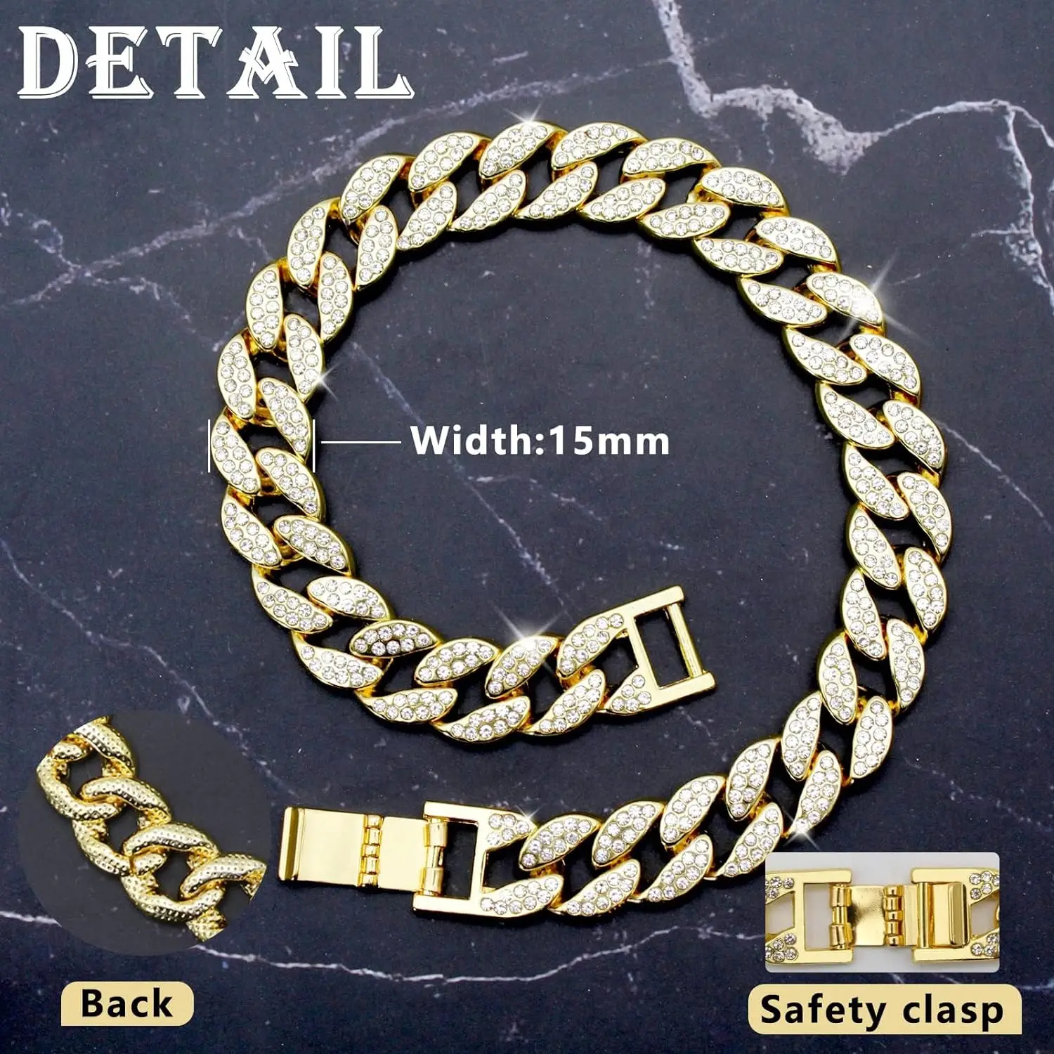 15mm Gold Dog Chain Collar Luxury Diamond Cuban Link Crystal Necklace Durable Dog Collar for Small Medium Large Dogs Cats