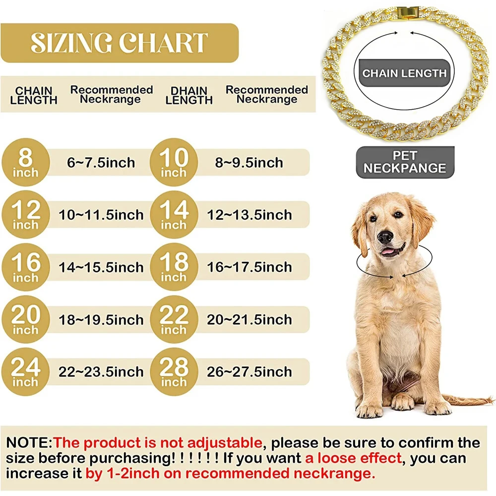 15mm Gold Dog Chain Collar Luxury Diamond Cuban Link Crystal Necklace Durable Dog Collar for Small Medium Large Dogs Cats