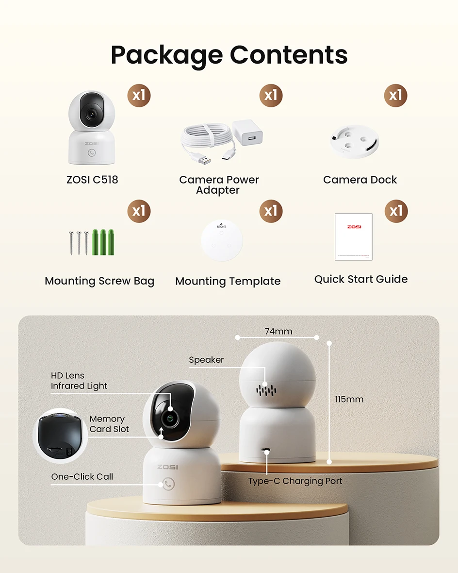 ZOSI Indoor Pan/Tilt Smart Security Camera C518 2MP 3MP 8MP 360° Baby Pet Monitor 2.4G/5G Dual-Band WiFi Home Surveillance Cam