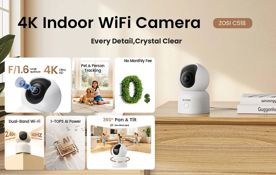 ZOSI Indoor Pan/Tilt Smart Security Camera C518 2MP 3MP 8MP 360° Baby Pet Monitor 2.4G/5G Dual-Band WiFi Home Surveillance Cam