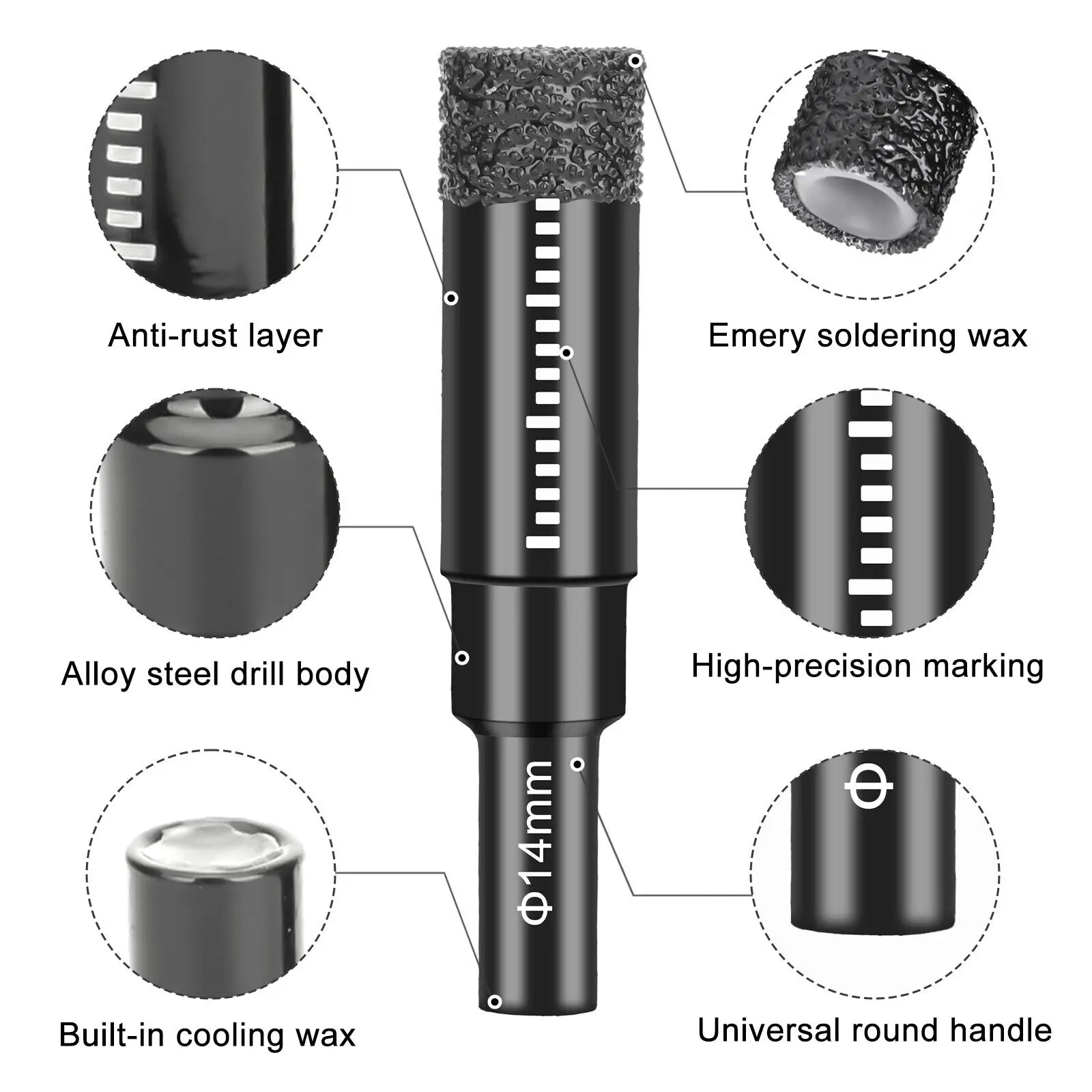 5Pc Diamond Brazed Dry Drilling Bit Porcelain Cup Saw Ceramic Marble Granite Tile Hole Opener Hole Saw Cutter 6-14mm Round Shank