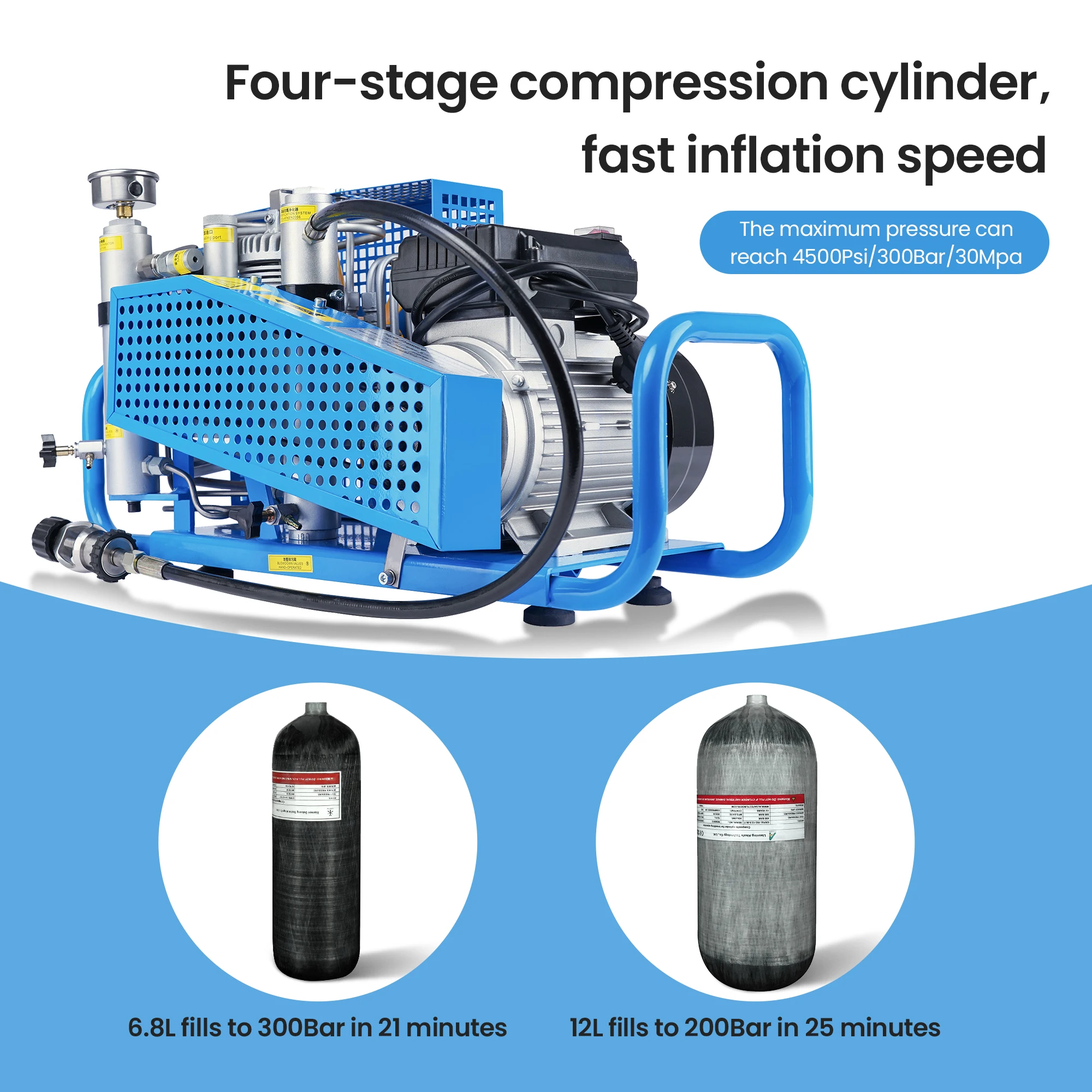 TUXING 300Bar 4500psi PCP Air Compressor Four-stage High Pressure Compressor for Diving Scuba Snorkeling Fire Fighting 100L/min