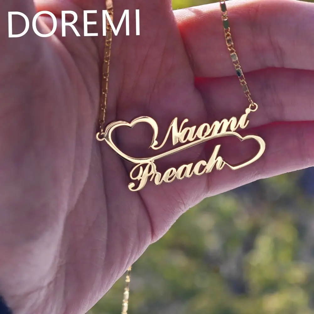 DOREMI Special Custom Name Double Heart Linked Nameplate Necklace Women Gift Jewelry Personalized Gold Double Name Necklace