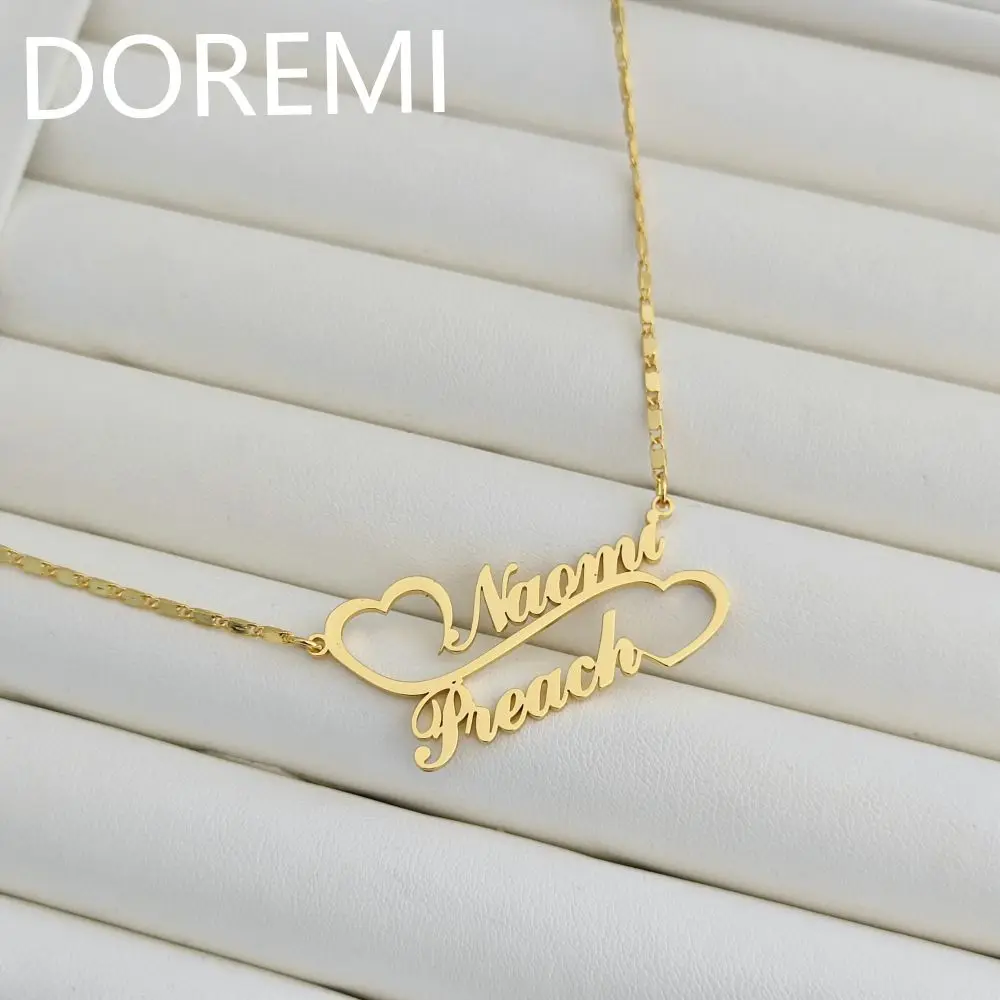 DOREMI Special Custom Name Double Heart Linked Nameplate Necklace Women Gift Jewelry Personalized Gold Double Name Necklace