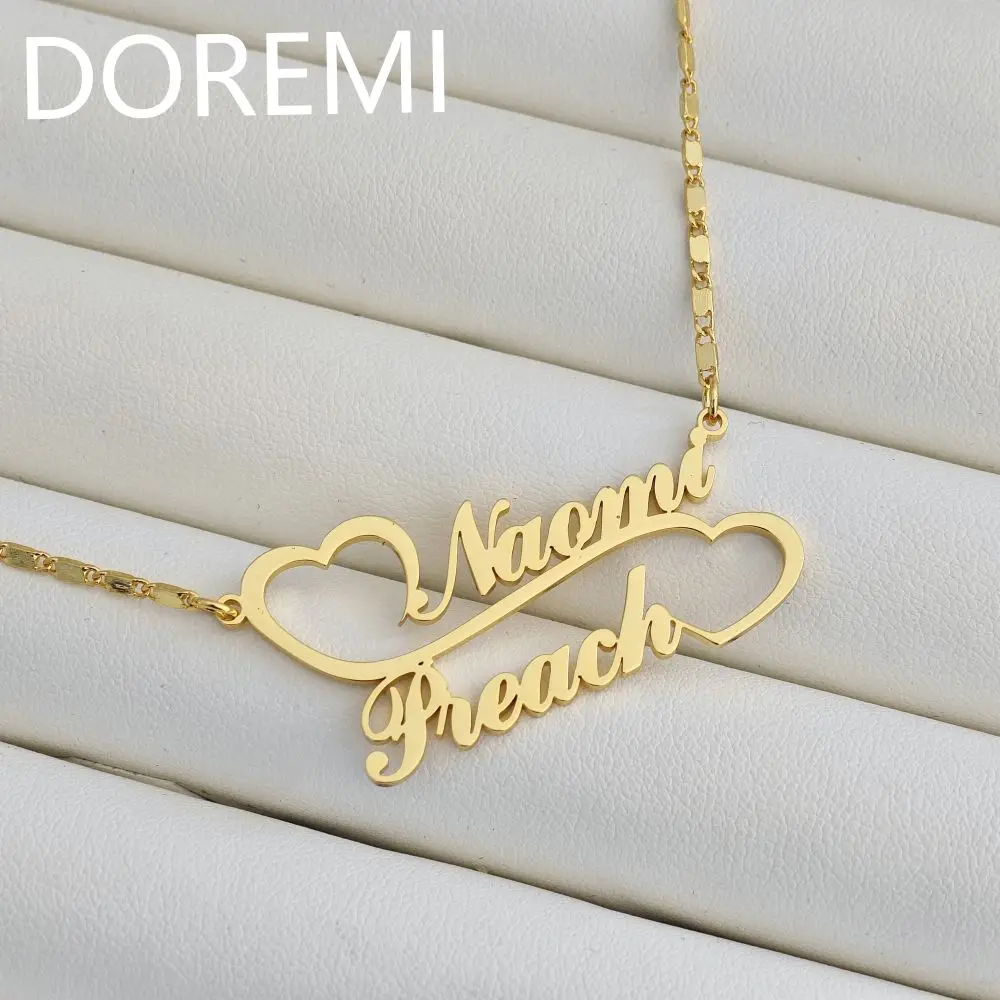 DOREMI Special Custom Name Double Heart Linked Nameplate Necklace Women Gift Jewelry Personalized Gold Double Name Necklace