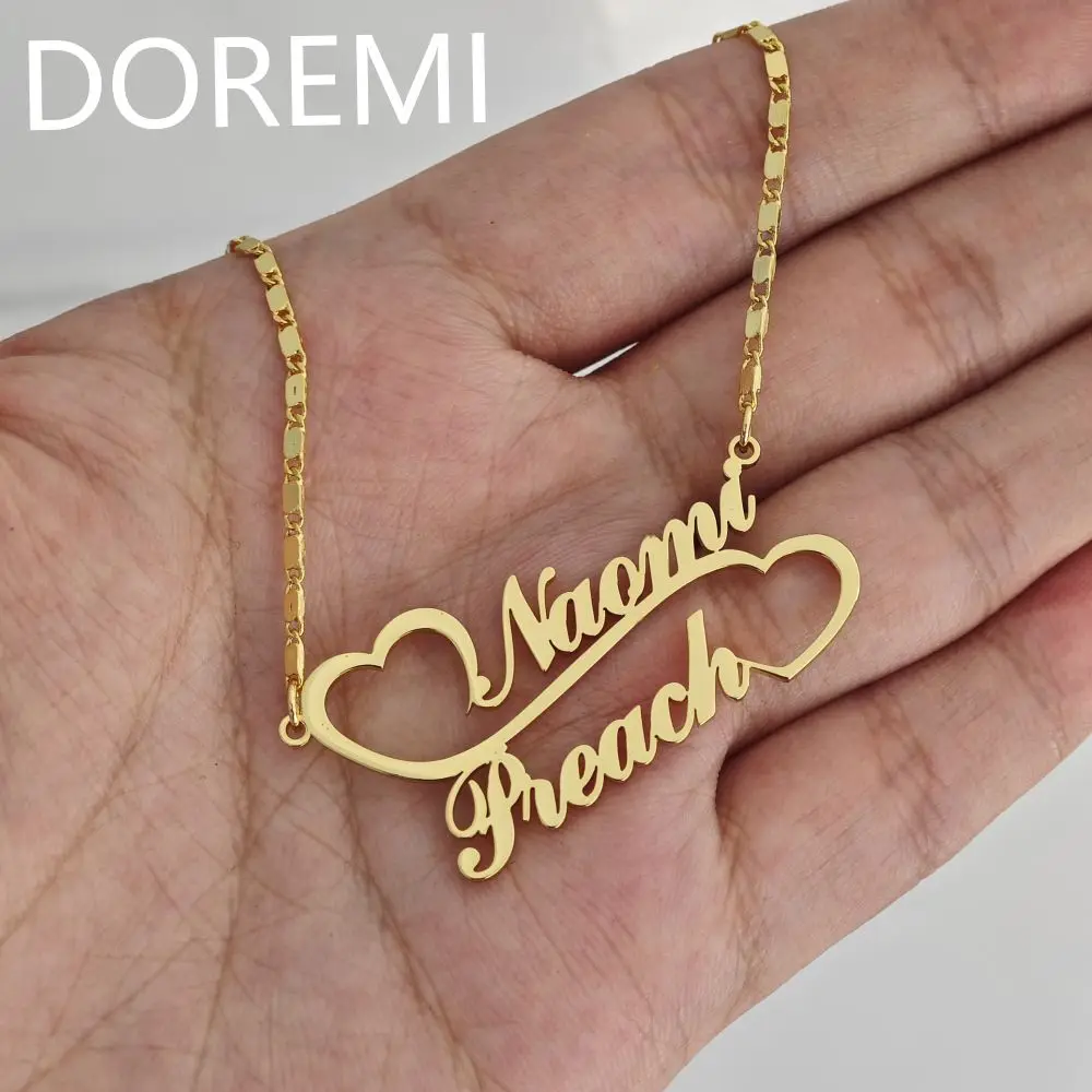 DOREMI Special Custom Name Double Heart Linked Nameplate Necklace Women Gift Jewelry Personalized Gold Double Name Necklace