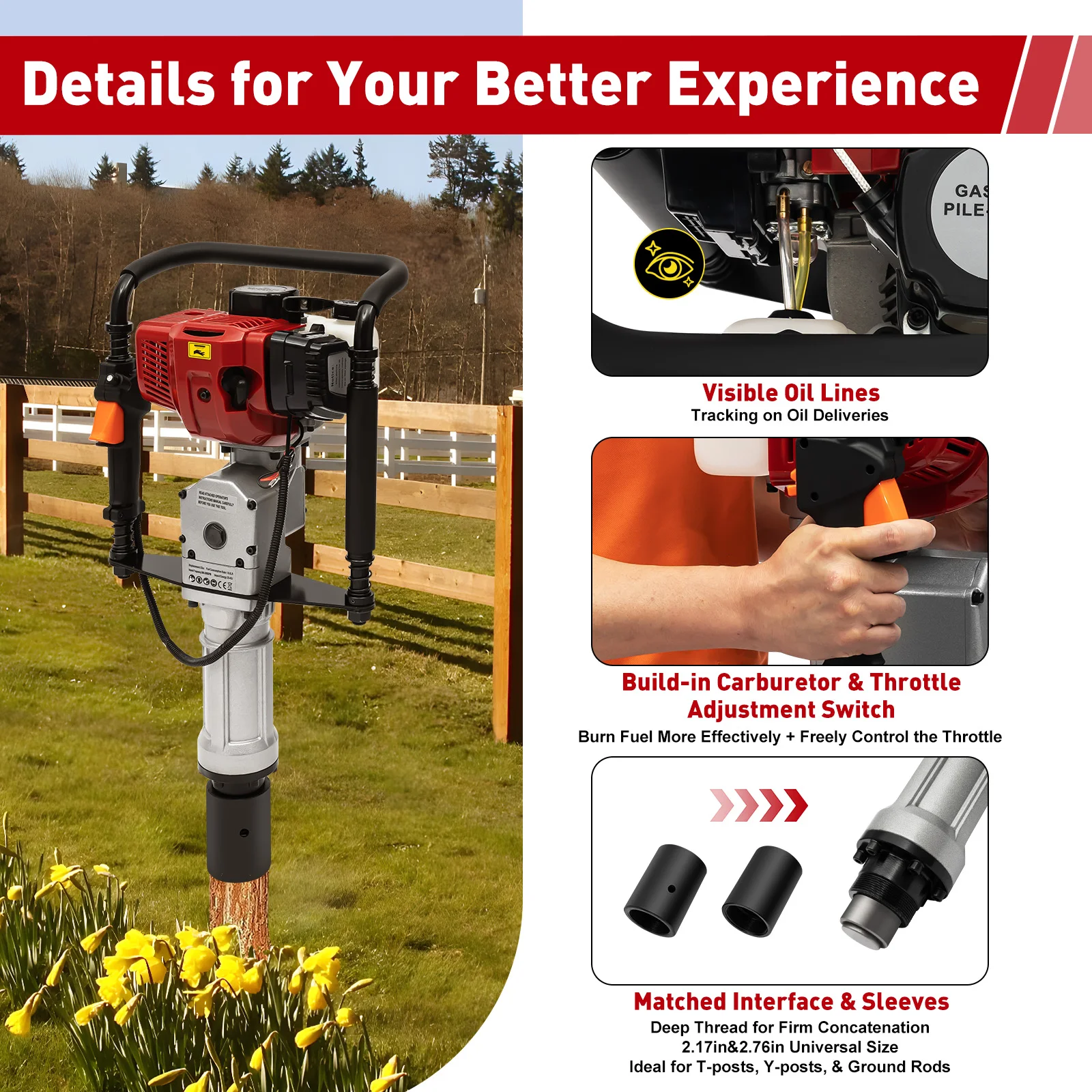 52CC Pile Driver 1900W 2 Stroke Post Driver Petrol Garden Fencing Tool Machine 55-70mm Sleeve