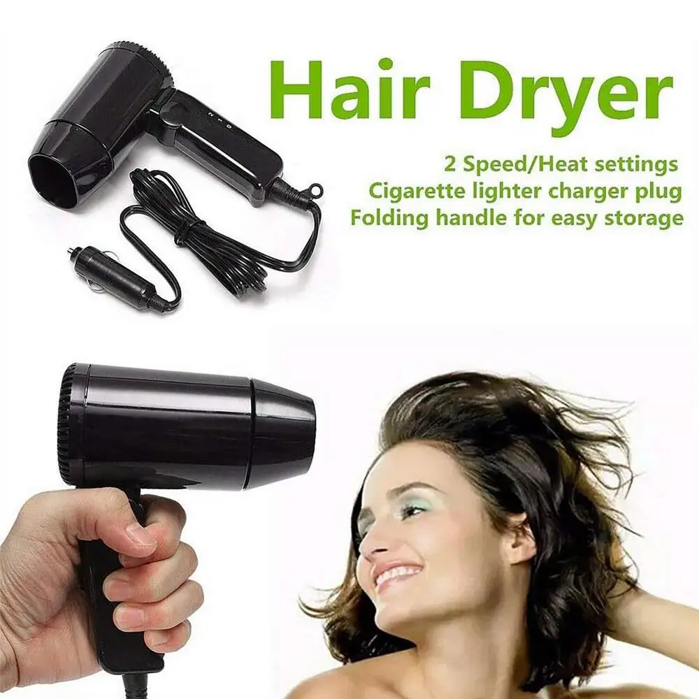 Hair Dryer 12V Folding Car Fan Portable 2 In 1 Window Defroster Cigarette Lighter Socket Port For Road Trip Travel Camper RV SUV