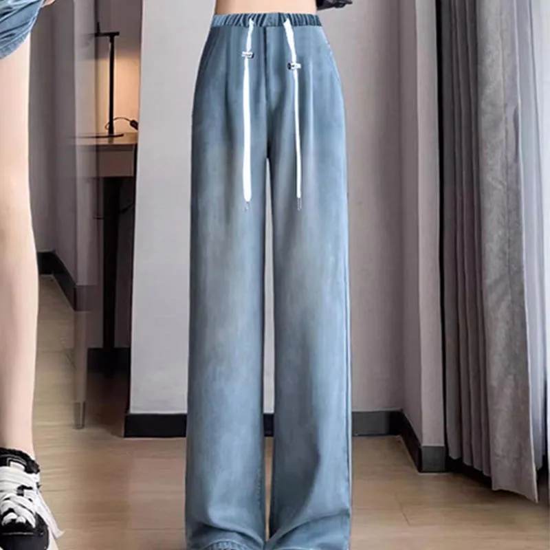 Maternity Korean Style Denim Trousers Summer Vintage Female Drawstring Waist Pants Pregnant Woman Jeans Loose Casual Long Pants