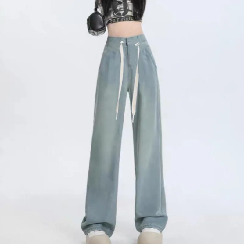 Maternity Korean Style Denim Trousers Summer Vintage Female Drawstring Waist Pants Pregnant Woman Jeans Loose Casual Long Pants