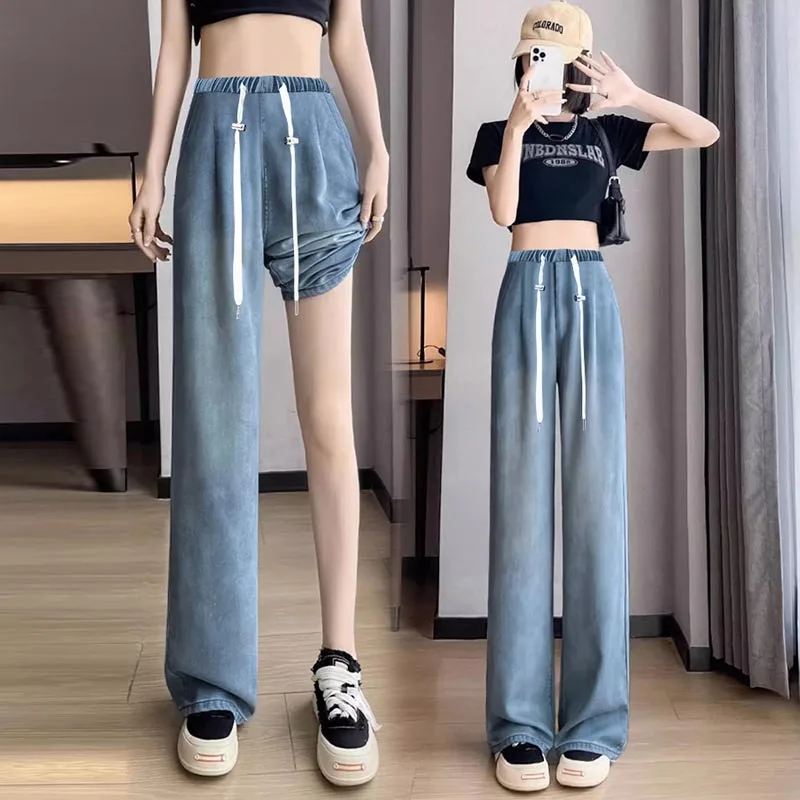 Maternity Korean Style Denim Trousers Summer Vintage Female Drawstring Waist Pants Pregnant Woman Jeans Loose Casual Long Pants