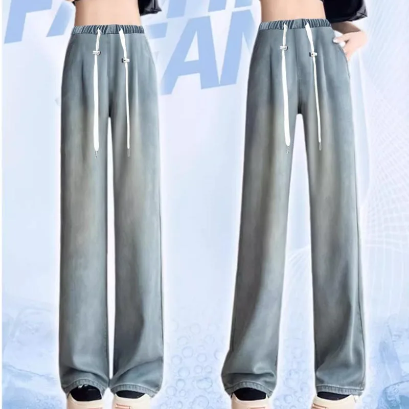 Maternity Korean Style Denim Trousers Summer Vintage Female Drawstring Waist Pants Pregnant Woman Jeans Loose Casual Long Pants