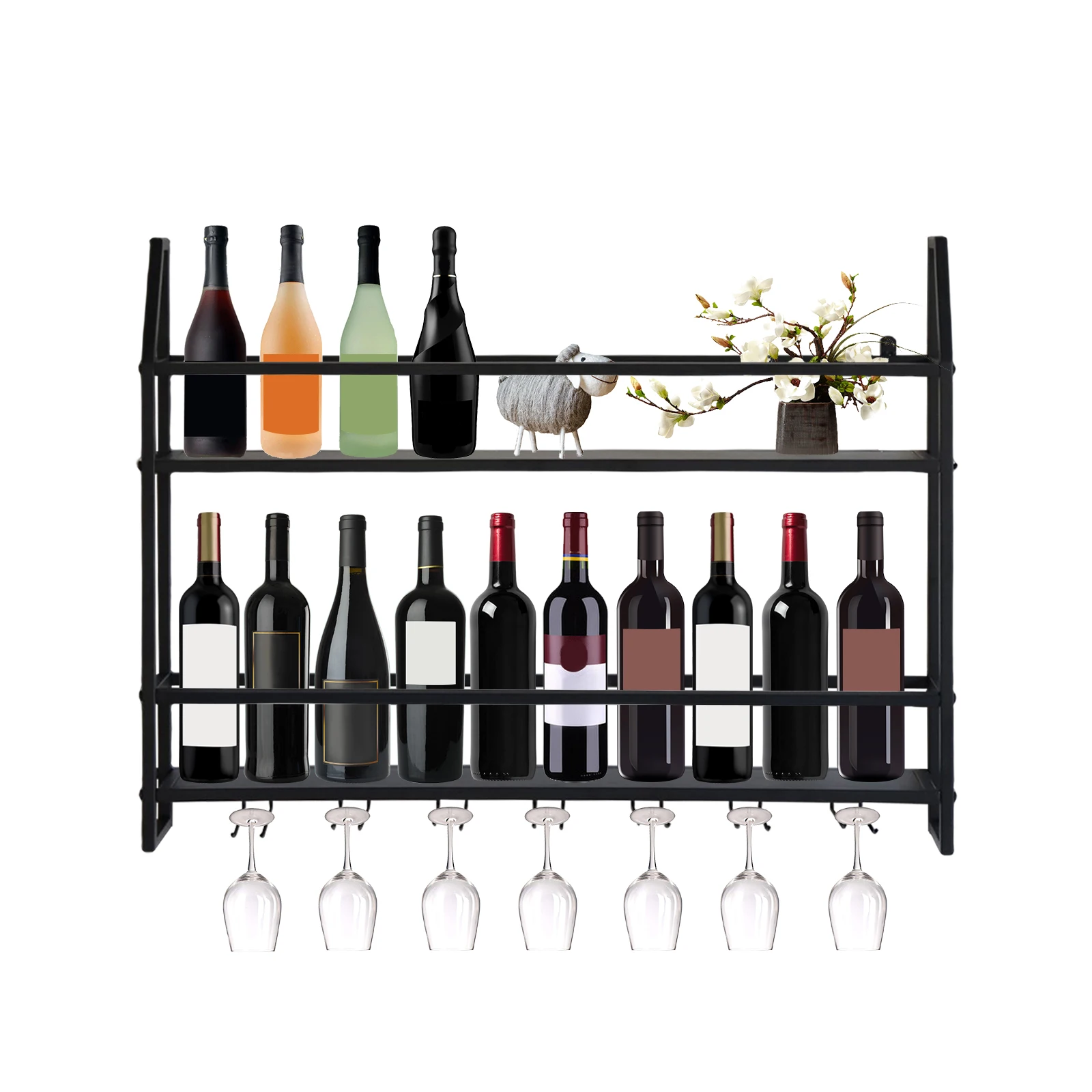 Wall Mounted Iron Wine Rack Bottle Champagne Glass Holder Shelves Bar Home Party Light and Strong Durable Unique Design Decor