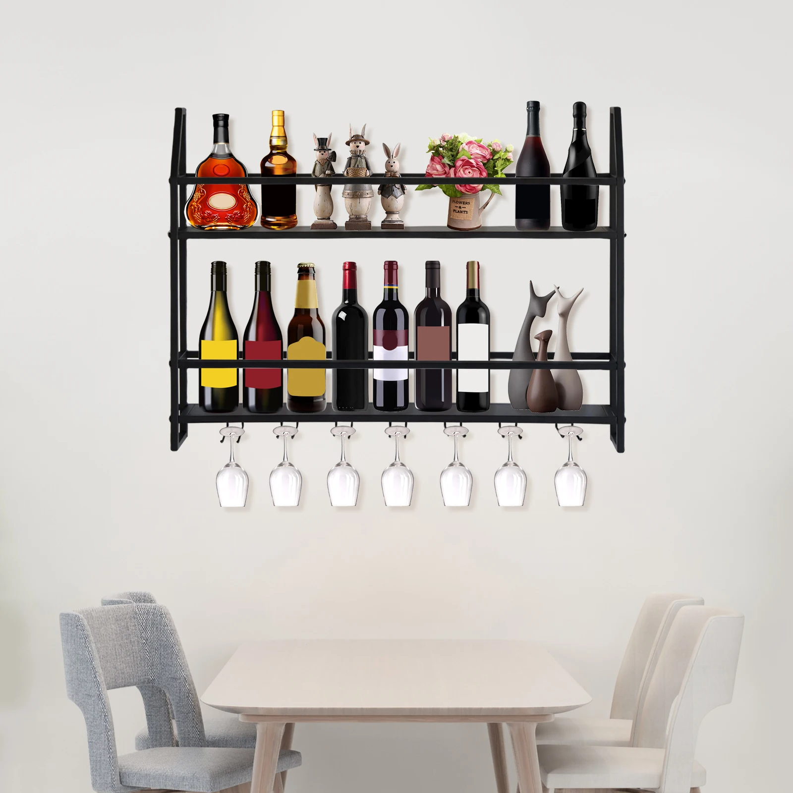 Wall Mounted Iron Wine Rack Bottle Champagne Glass Holder Shelves Bar Home Party Light and Strong Durable Unique Design Decor