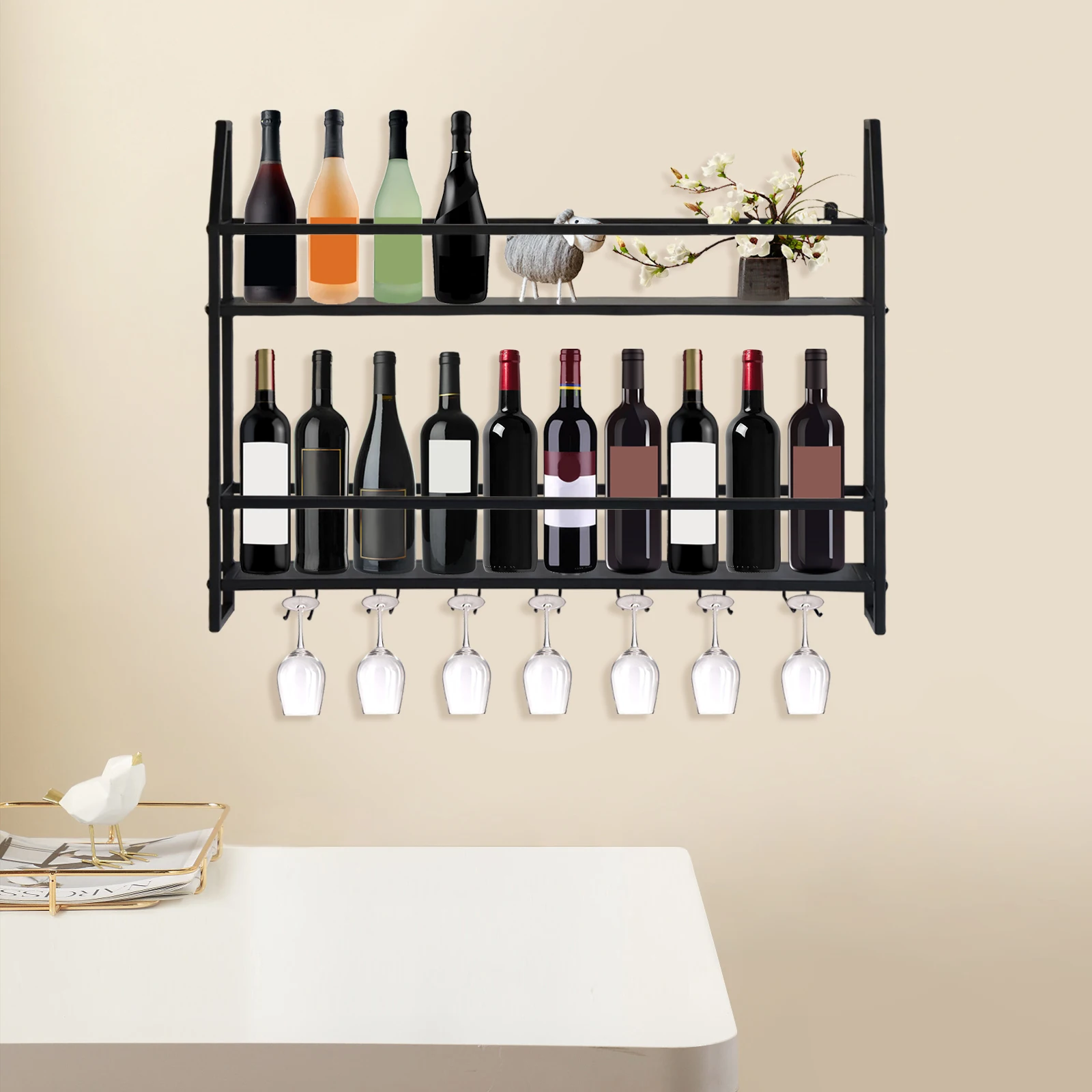 Wall Mounted Iron Wine Rack Bottle Champagne Glass Holder Shelves Bar Home Party Light and Strong Durable Unique Design Decor