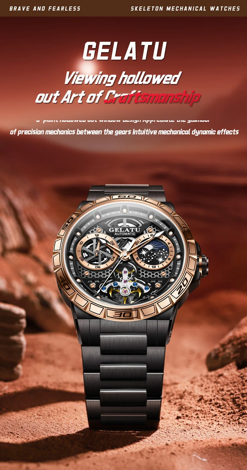 GELATU 6020 Trend Men's Watches Multifunctional Automatic Mechanical Watch for Men Flywheel Hollow out Moon Phase Wristwatch Man
