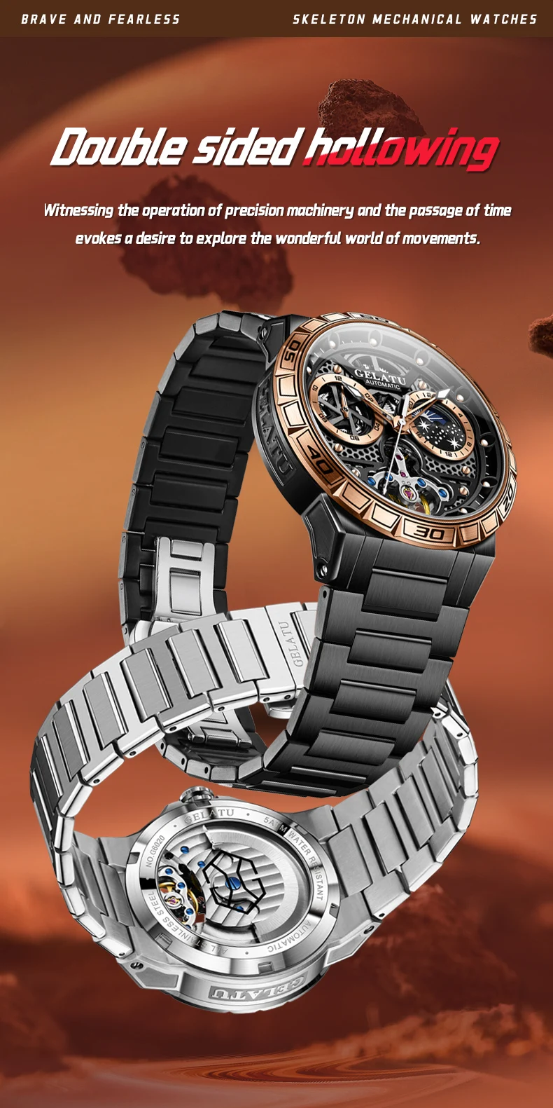 GELATU 6020 Trend Men's Watches Multifunctional Automatic Mechanical Watch for Men Flywheel Hollow out Moon Phase Wristwatch Man