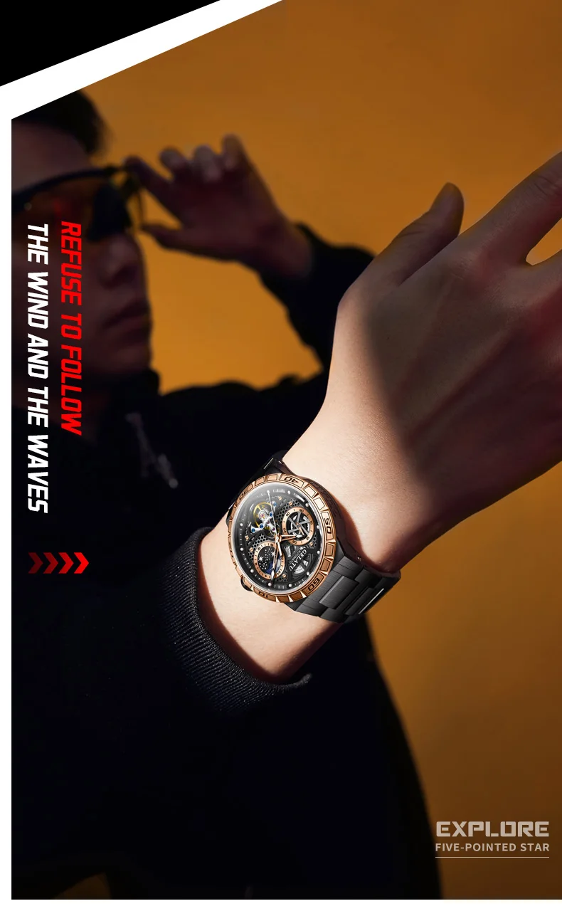 GELATU 6020 Trend Men's Watches Multifunctional Automatic Mechanical Watch for Men Flywheel Hollow out Moon Phase Wristwatch Man