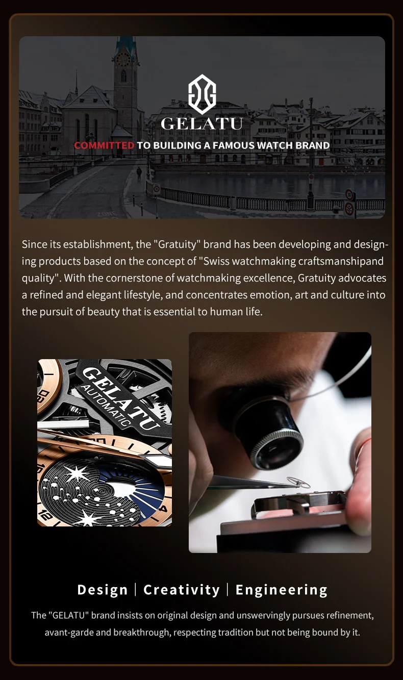 GELATU 6020 Trend Men's Watches Multifunctional Automatic Mechanical Watch for Men Flywheel Hollow out Moon Phase Wristwatch Man