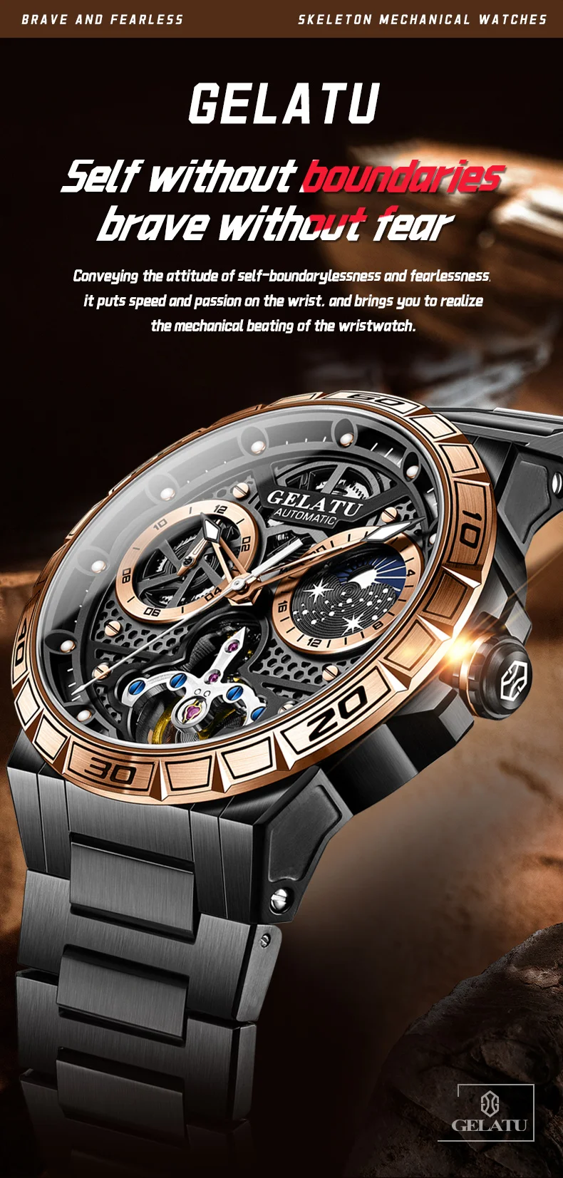 GELATU 6020 Trend Men's Watches Multifunctional Automatic Mechanical Watch for Men Flywheel Hollow out Moon Phase Wristwatch Man